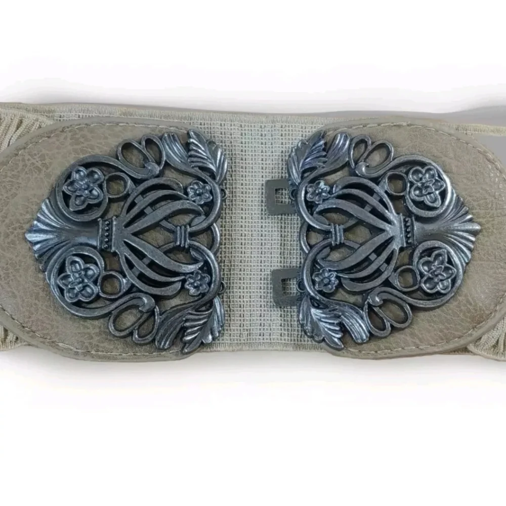 Boho Hippie Fairy Grunge Stretch Waist Belt Beige Floral Buckle Southwestern M/L